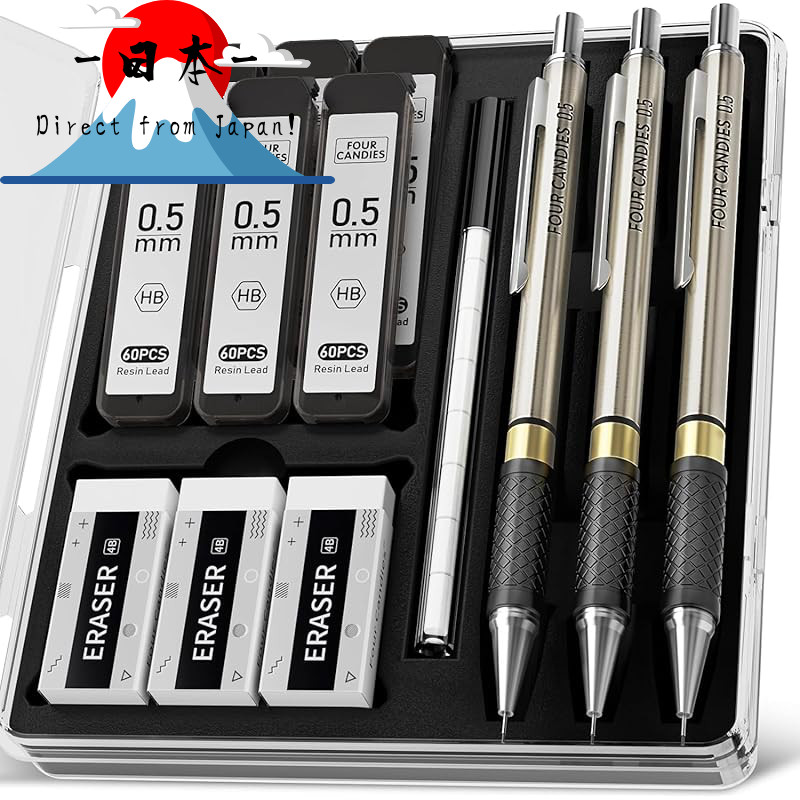 [Direct from Japan]
Four Candies Metal Mechanical Pencil Set with Erasers - 3 Pencils, 0.5mm, 0.7mm,