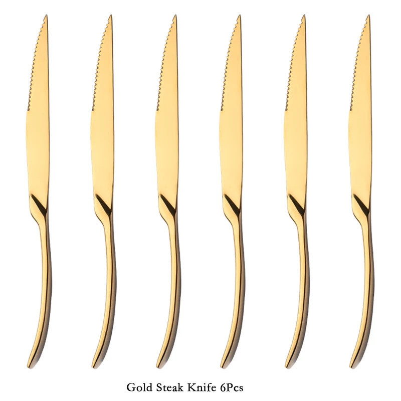 6Pcs Stainless Steel Gold Steak Knife Sharp Table Knives Set Restaurant Cutlery Dinner Knife Mirror 
