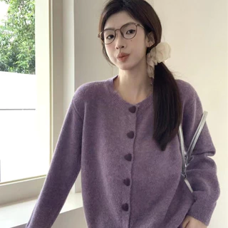 คาร์ดิแกนถักปุ่มหัวใจสไตล์หวานอ่อนโยนสำหรับผู้หญิง เสื้อสเวตเตอร์คอกลมใหม่ที่นุ่มสบาย เสื้อโค้ทสั้นสำหรับฤดูใบไม้ร่วง ต้องมี D3P8 5AKU