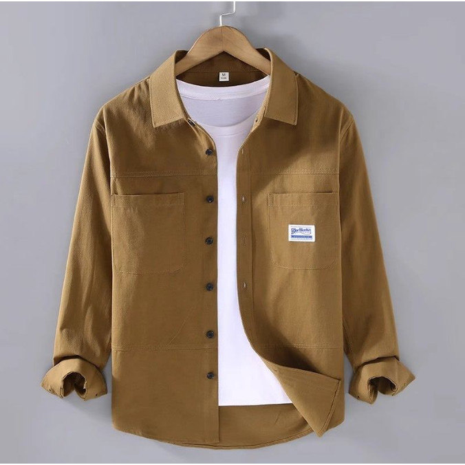 ชุดทำงานสไตล์ญี่ปุ่น เสื้อเชิ้ตแขนยาวสีพื้นสำหรับผู้ชาย ฤดูใบไม้ผลิฤดูใบไม้ร่วง เสื้อแจ็คเก็ตสไตล์เรโทรใหม่ เสื้อเชิ้ตลำลองหลายกระเป๋าสำหรับผู้ชาย 10.8