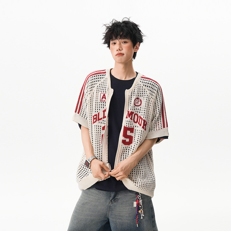 Suikone อเมริกันย้อนยุค Jacquard ถักย์ฤดูร้อนชายและหญิงหลวมกลวงระบายอากาศเสื้อยืด — صورة 4