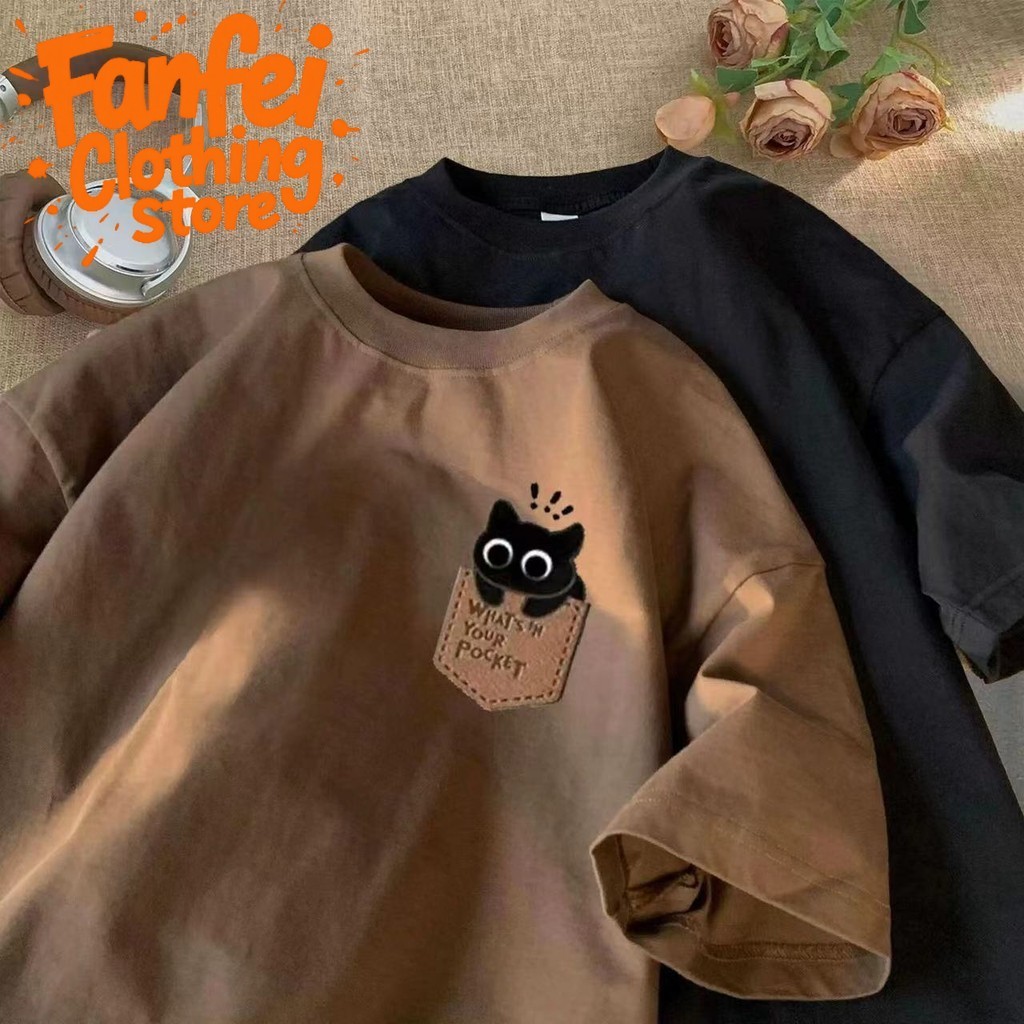 (จัดส่งตลอด 24 ชั่วโมง)Fanfei เสื้อยืด ลูกแมว สกรีนลาย สีเอิร์ธโทน ผ้านิ่มยืด สวมใส่สบาย