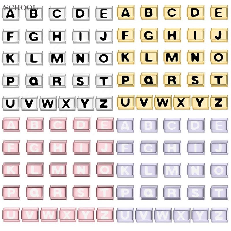 สีสัน 26 ตัวอักษรภาษาอังกฤษอิตาเลี่ยน Charm สร้อยข้อมือ Fit 9 มม. สแตนเลส DIY เครื่องประดับ อุปกรณ์เสริม Retro บุคลิกภาพโมดูลสร้อยข้อมือ
