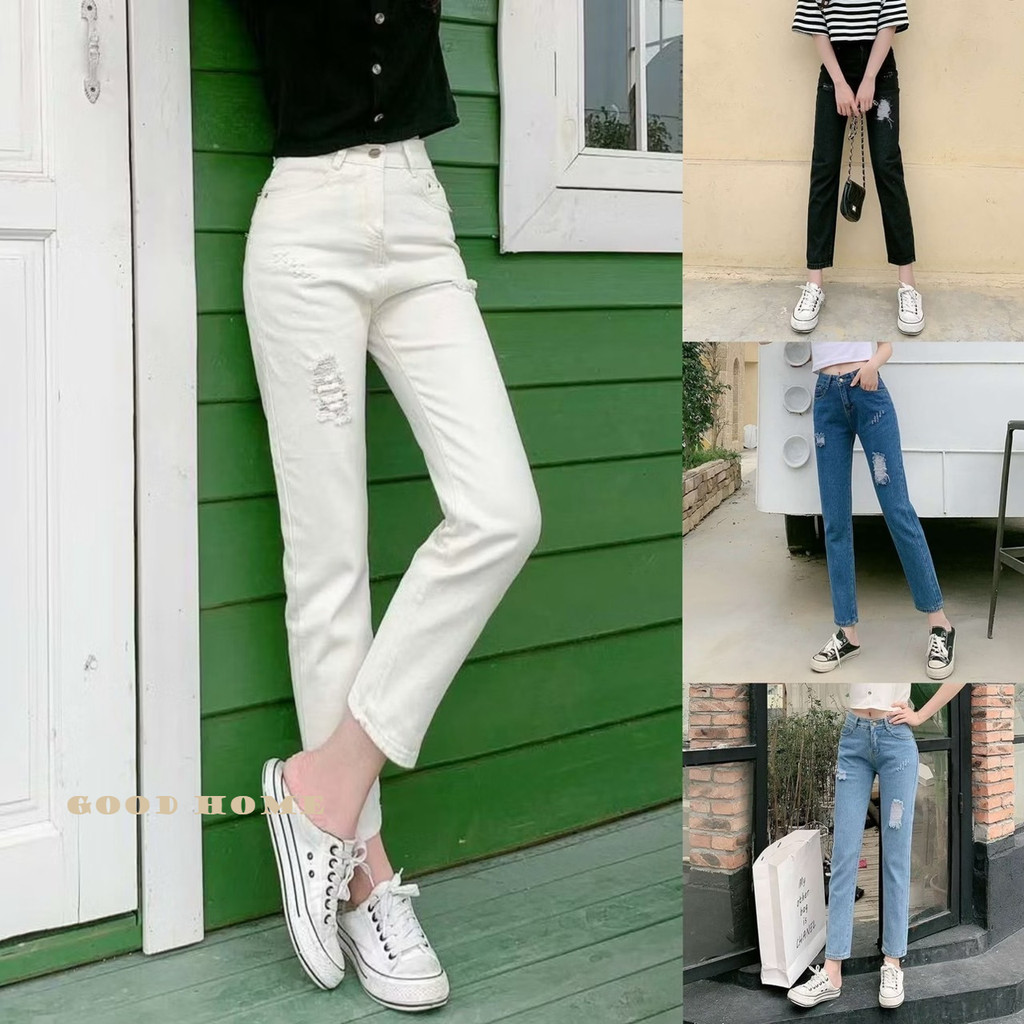 🔹พร้อมส่ง🔹👖กางเกงยีนส์🌴สไตล์เกาหลี 💕 แต่งสะกิดขา💕 #8021