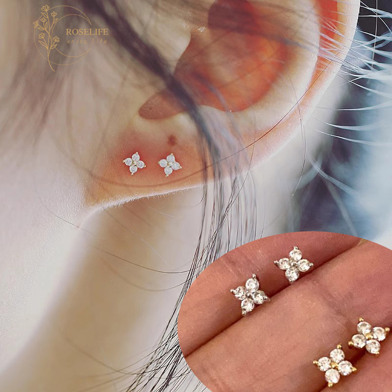 Roselife 1 คู่สีสัน S925 เงิน Mini คริสตัลดอกไม้ต่างหูผู้หญิง Hypoallergenic หูเครื่องประดับอุปกรณ์เสริม