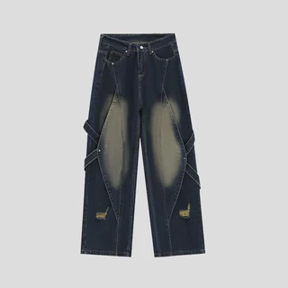 56MEN กางเกงยีนส์ขายาวผู้ชาย Jeans G61 กางเกงยีนส์แต่งสาย Y2K streetwear วินเทจ