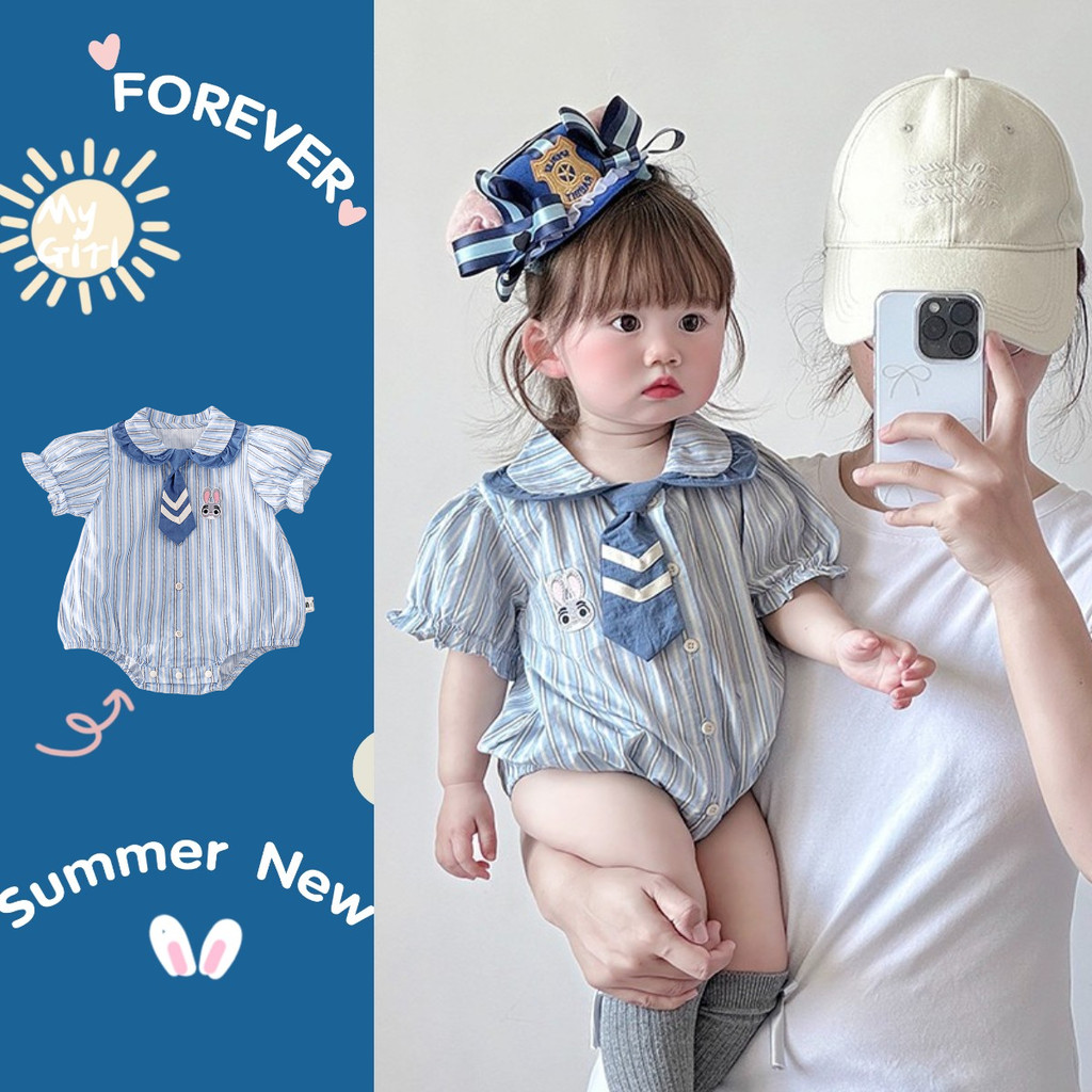 ฤดูร้อนใหม่เสื้อผ้าเด็กสาวบอดี้สูทแขนสั้น0-28เดือนน่ารักสุดน่ารักวิทยาลัยสไตล์ผูกลายปักกระต่ายบาง ชุดรอมเปอร์