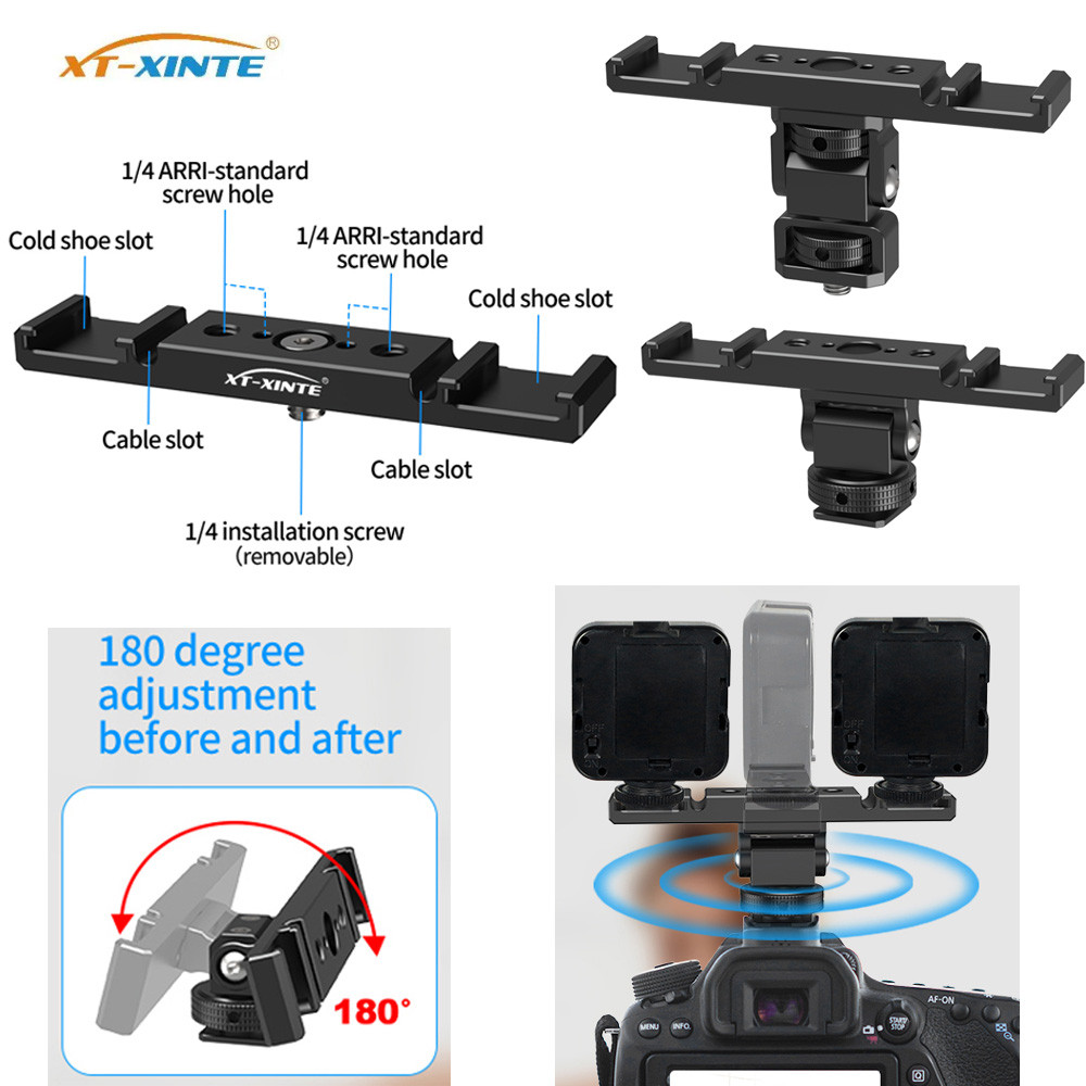 XT-XINTE Multi-Functional Dual cold Shoe Expansion Bracket โลหะ 1/4 สกรู/รองเท้าเย็น/ballhead ฐานกล้องอุปกรณ์ถ่ายภาพ