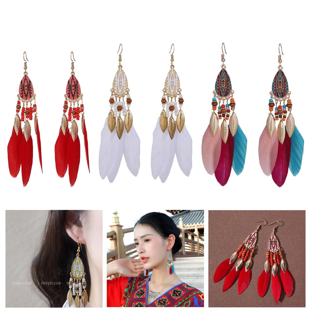 1คู่ ต่างหูพู่ประดับลูกปัด ขนนก สไตล์โบฮีเมียน สวย เครื่องประดับแฟชั่น ตุ้มหูยาวห้อย - รูปที่ 3