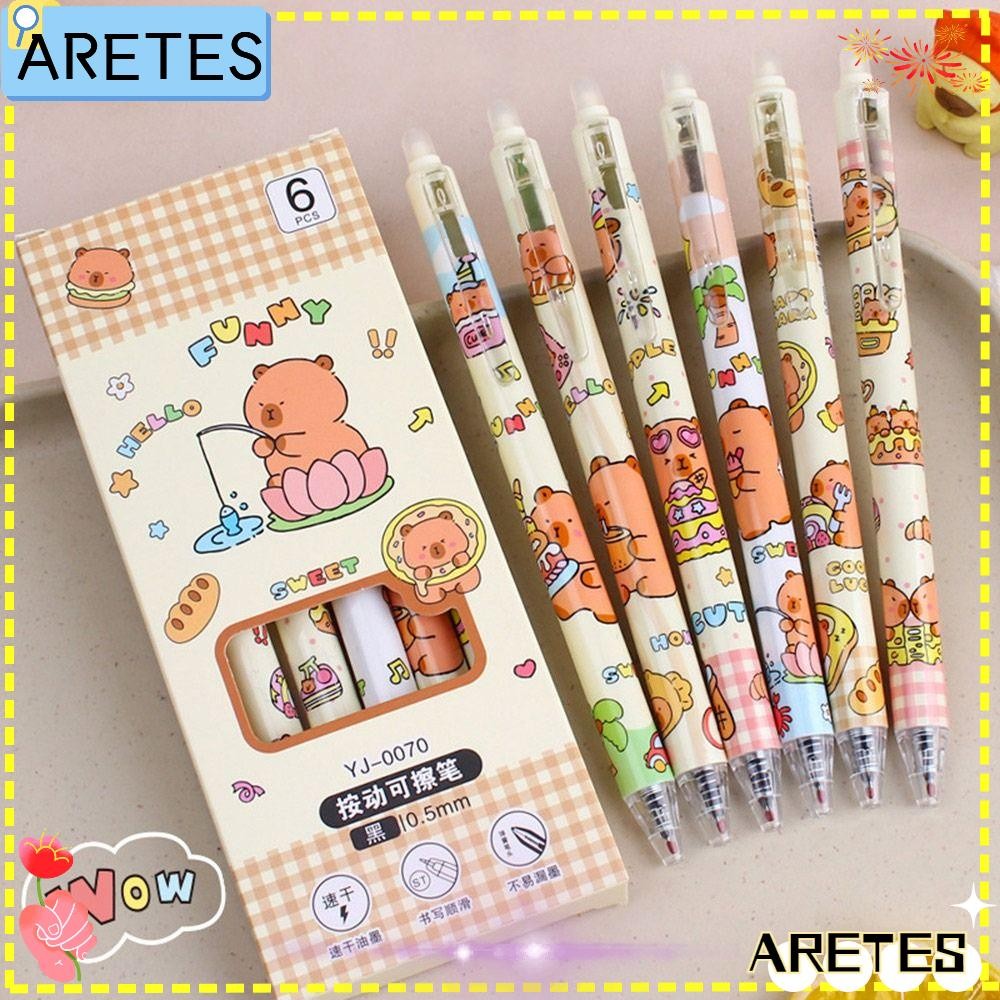 AREES 6 ชิ้น/ล็อตกดปากกาลบได้,0.5 มม.การ์ตูน Capybara ปากกาเจล, Quick-drying Blue Pen โรงเรียนสํานักงานเขียนเครื่องเขียน
