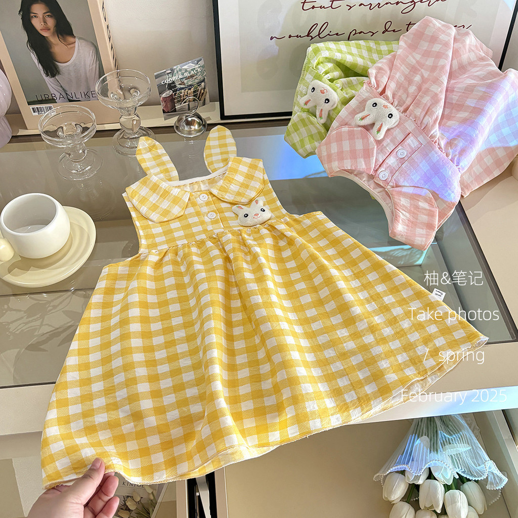 [มล] 80-140ซม สาวตุ๊กตาปกกระต่ายหูชุดฤดูร้อนน่ารักลายสก๊อตเสื้อกั๊กชุดกระต่ายชุดเจ้าหญิง - รูปที่ 5