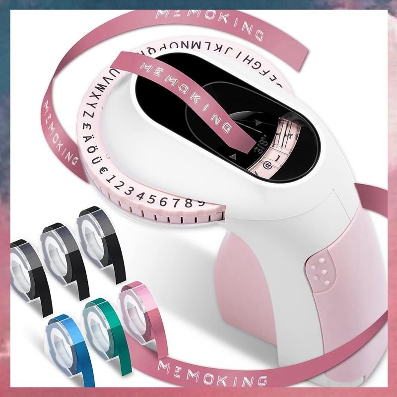 ลายนูน Label Maker E975 3D ลายนูนเครื่องพิมพ์ 6 ม้วน Emboss เทป, มือถือ Embosser Reusable สีชมพู