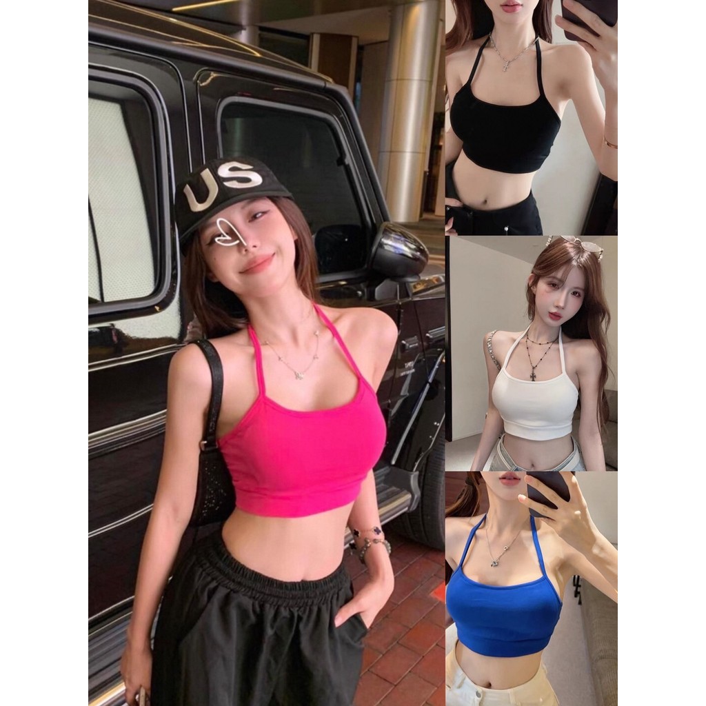 🍓shop_mkl🍓 เสื้อคล้องคอ แฟชั่น สายเดี่ยว ดีเทลสายห้อยคอ มีฟองน้ำในตัวเสื้อผู้หญิง ใส่เที่ยว ออกกำลังกายน่ารักมาก#J524