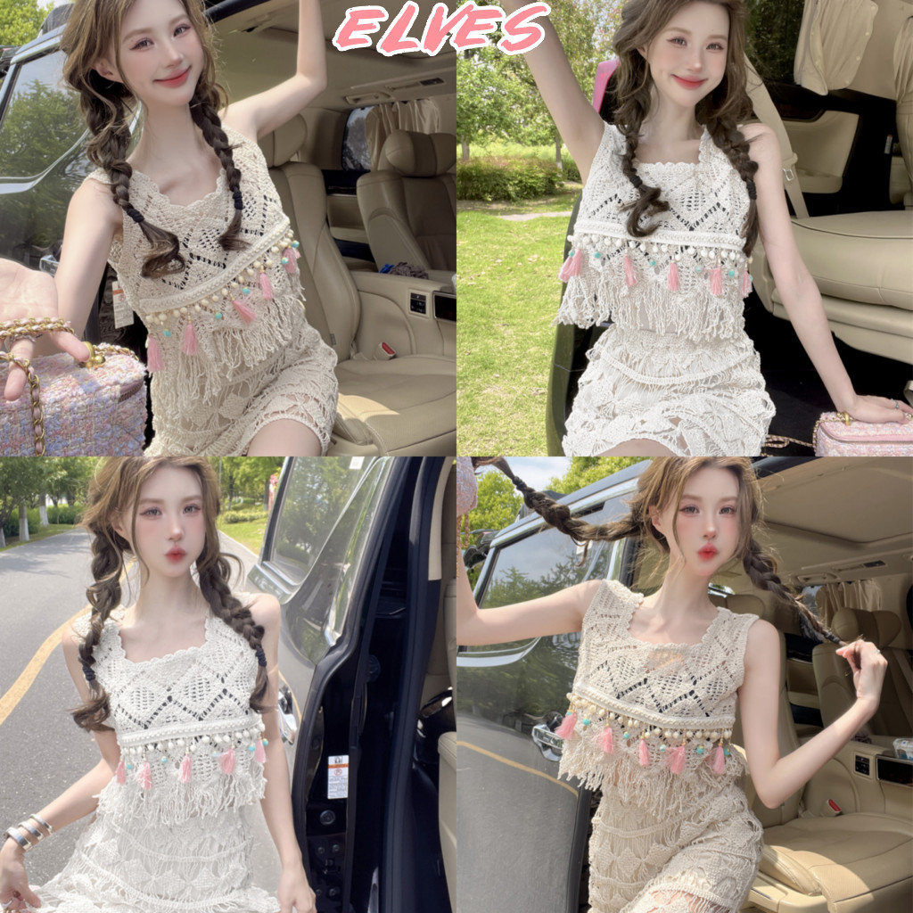 Elves พร้อม💟 เสื้อถักไหมพรม สไตล์โบฮีเมี่ยน ปลายปล่อย สีพาสเทลคาวาอี้ ใส่สบาย สไตล์ลำลอง "CX00827"