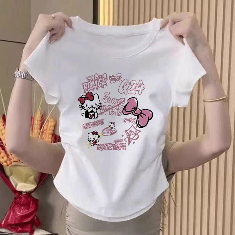 เสื้อผ้ามีสไตล์เสื้อยืดผู้หญิงที่สวยงามคอกลมแขนสั้นเสื้อแจ็กเกตสไตล์เกาหลีแฟชั่นเสื้อยืดรัดรูป เสื้อยืดแขนสั้นพิมพ์ลายตั