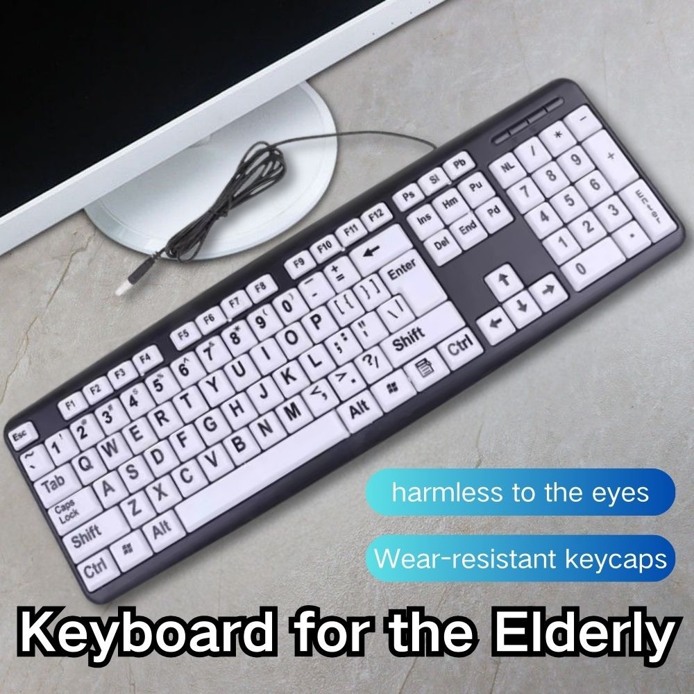 คีย์บอร์ดสีดํานักเรียนผู้สูงอายุขนาดใหญ่แบบมีสายปิดเสียง Logitech K104 Usb