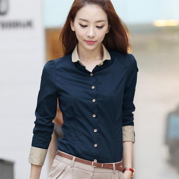 เสื้อเชิ้ตติดกระดุมสีตัดกันแขนยาวหรูหราสําหรับผู้หญิงเสื้อเชิ้ตพร็อพลําลองสําหรับทํางานและสํานักงาน