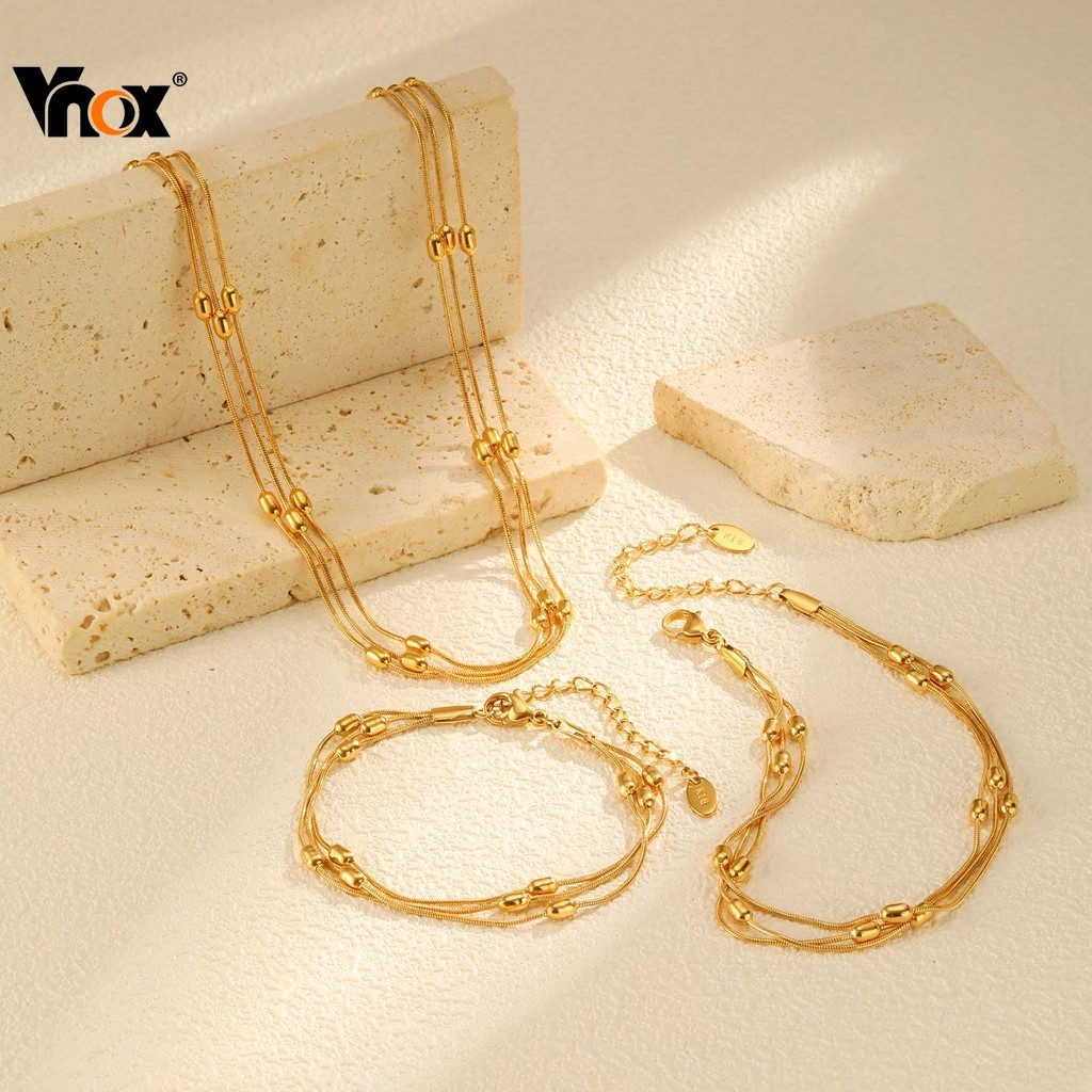 Vnox Gold Three-Layer Beaded Link Chain Necklace Bracelet Set for Women,Stainless Steel Non Tarnish 