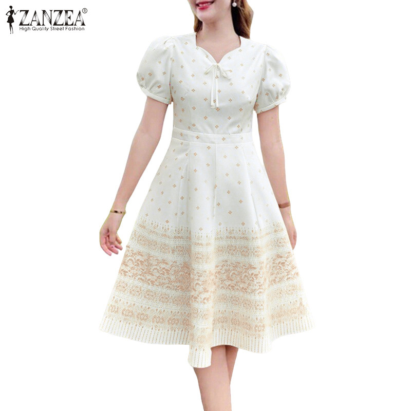 ZANZEA ใส่ ซานเซีย ผู้หญิงเกาหลีสง่างามหัวใจคอแขนสั้นพัฟแขนดอกไม้เอวซิปชุด