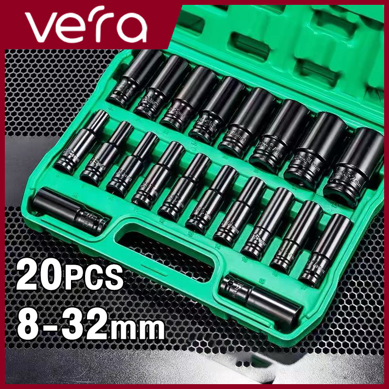 （8-32mm）20pcs ชุดลูกบล็อกยาว ชุดบล็อก ชุดประแจไฟฟ้า ลูกบล็อคลมยาว ลูกบล็อกดำ 1/2'' 4หุน ตัวยาว 20 ตัว /ชุด