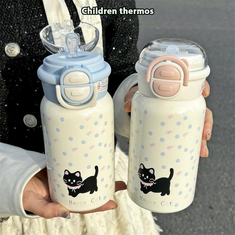 ลูกแมวแบบพกพาเครื่องดื่มคู่ถ้วยฟาง 500ml ถ้วยสูญญากาศสแตนเลสดูดีความจุขนาดใหญ่ ลายน่ารัก T01289
