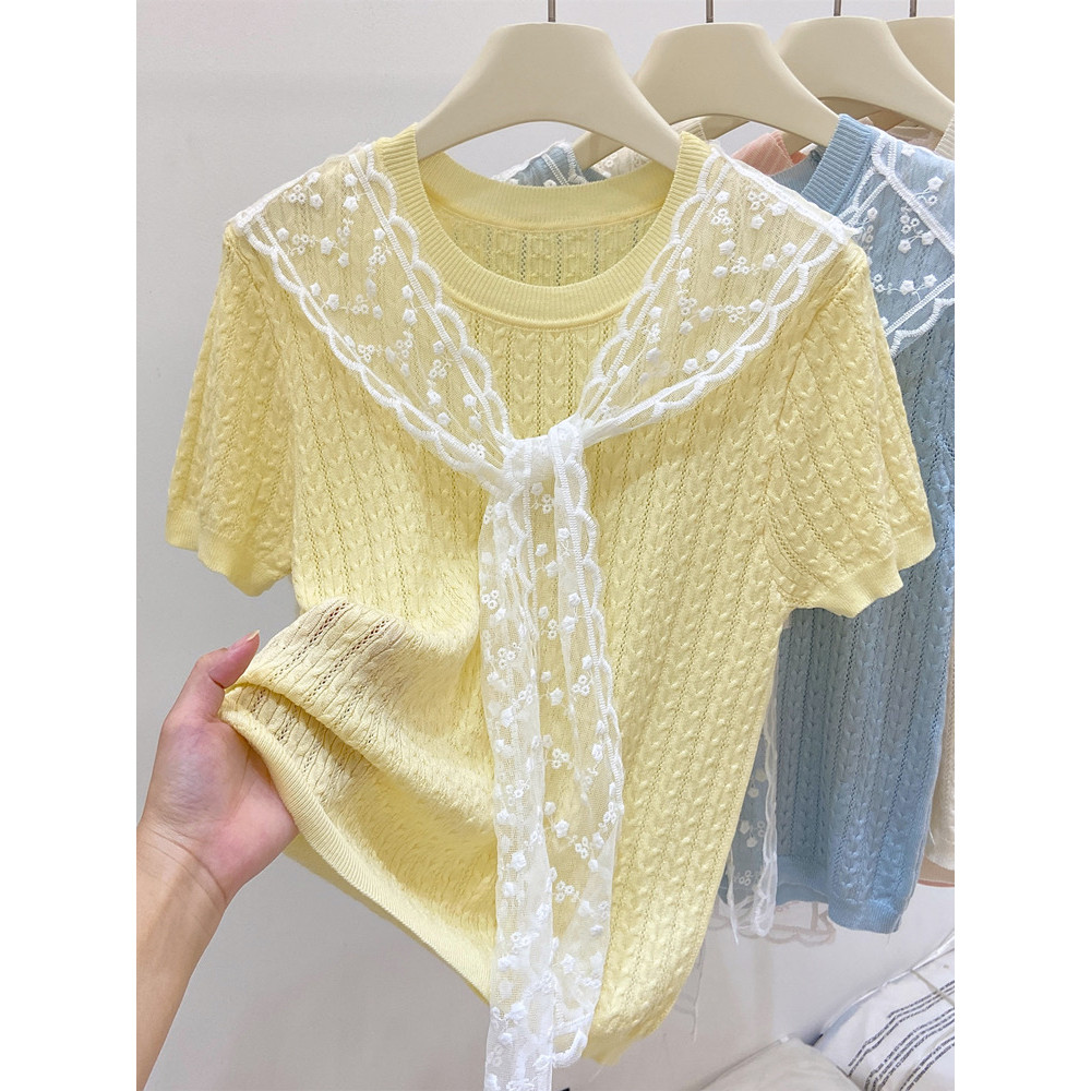 เสื้อยืดแขนสั้นสีเหลืองสไตล์ตะวันตกสำหรับผู้หญิง FitSlim Age-Reduc