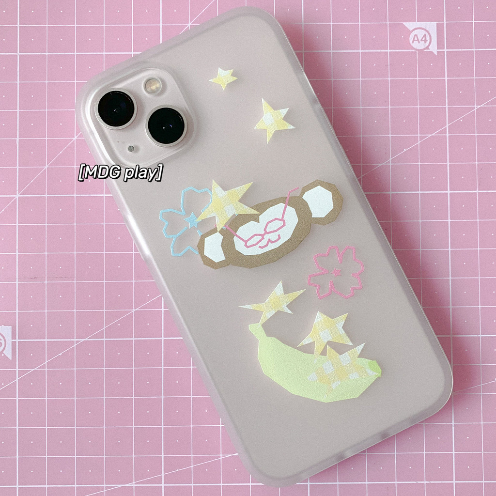 แอปเปิ้ลสไตล์เกาหลี อิน ซอก ออกแบบน่ารักการ์ตูนมือวาดลิงดาวกล้วยภาพประกอบเคลือบใสสีขาวกรณีโทรศัพท์16โปรแม็กซ์/15มือโปร/14/13/12/11นุ่มกรณีป้องก