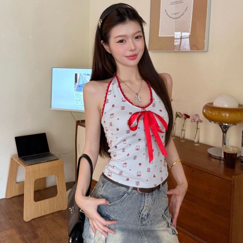 Mini shop🌸พร้อมส่ง🌸(FY1849) เสื้อคล้องคอ ลายการ์ตูน ใส่สบาย สีพื้น สไตล์น่ารัก ยืดพอดีตัว - รูปที่ 3