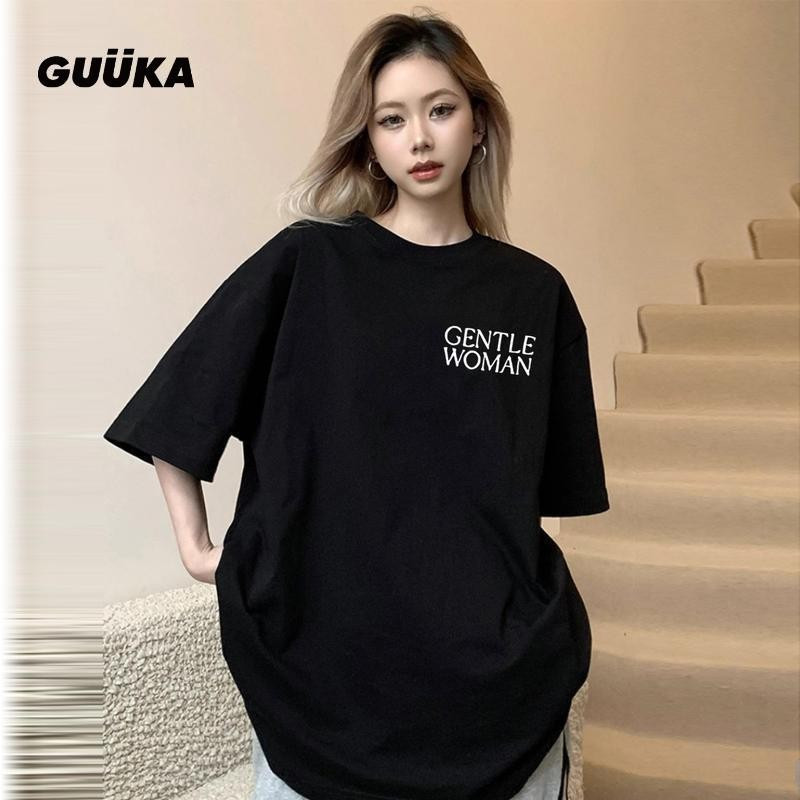 GUUKA T เสื้อผู้หญิงผู้หญิง Minimalis,Kain Sejuk Bernafas Longgar Oodd สไตล์ Kasual