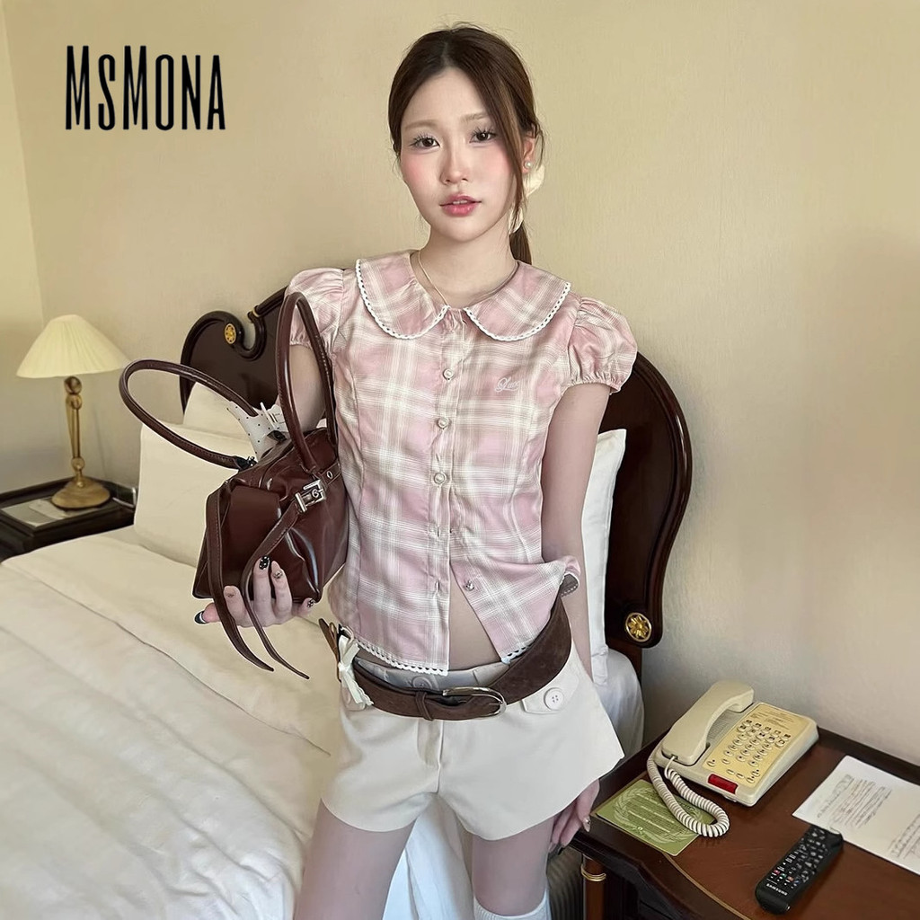 นางสาว ผู้หญิงของแท้2025เสื้อแฟชั่นแขนพองสแควร์คอปุ่มลายสก๊อตสลิมฟิตหวานวิทยาลัย - รูปที่ 2