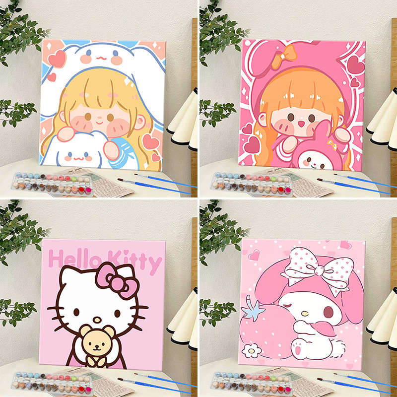 🔥ระบายสีตามตัวเลข 20X20ซม Sanrio คุโรมิ ขึงเฟรมไม้พร้อมอุปกรณ์ ฝึกสมาธิ ของขวัญ DIY ภาพวาดสีน้ำมันดิจิตอลใส่กรอบ