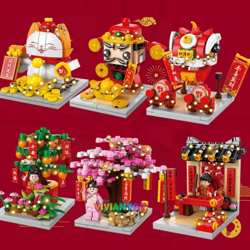 God of Wealth Maneki Neko สไตล์จีน Fortune God Building Blocks ชุดผู้ใหญ่ของเล่นสําหรับของขวัญเด็กตก