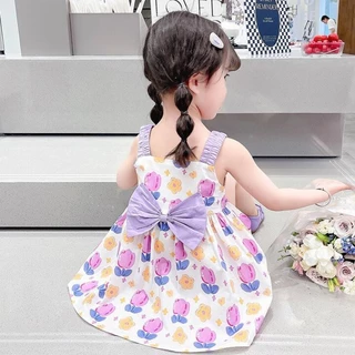 เทรนด์วันนี้ ชุดเดรสลูกสาวสายเดี่ยวโบว์หลังลายทิวลิปสีม่วง สืชมพูน่ารักๆ ไซส์ เหมาะสำหรับอายุ1-10ปี "DA-I"