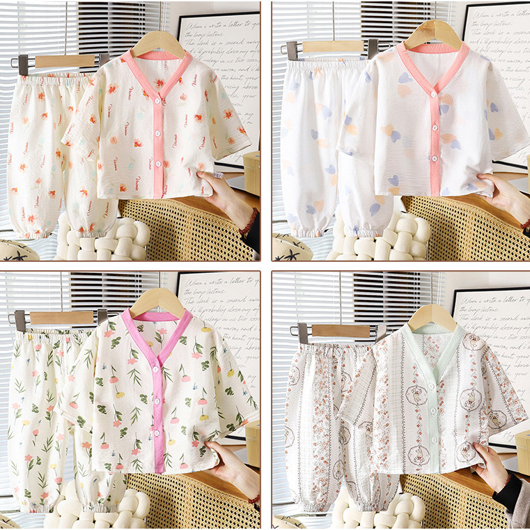 (6m-7Yrs) ชุดชุดนอนเด็ก 2 ชิ้น - ผ้าฝ้ายเมฆระบายอากาศการ์ตูนพิมพ์ V คอชุดนอนชุดนอน Unisex