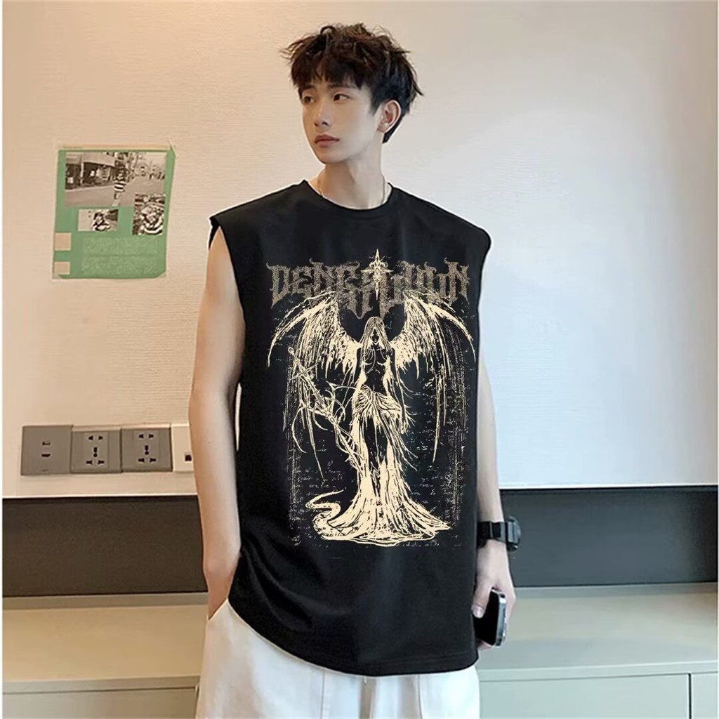 Plus ขนาด M-5XL TanksMen Tanks เสื้อสวมหัว Oversize ถังเสื้อผ้าผู้ชายสไตล์อเมริกันสนุกออกแบบ Winged Angel การพิมพ์ขนาดใหญ่แขนกุด Tees - รูปที่ 2