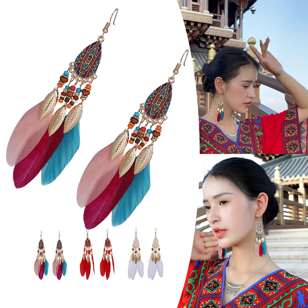 1คู่ ต่างหูพู่ประดับลูกปัด ขนนก สไตล์โบฮีเมียน สวย เครื่องประดับแฟชั่น ตุ้มหูยาวห้อย