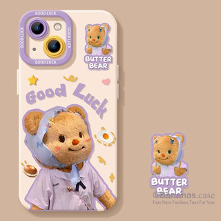 เข้ากันได้กับ iPhone 16 15 14 13 12 11 Pro Max X Xr Xs Max 7 8 Plus SE2020 เคสโทรศัพท์การ์ตูนหมวกสีม่วงหมีเนย + Lanyard คู่นุ่มปกหลัง