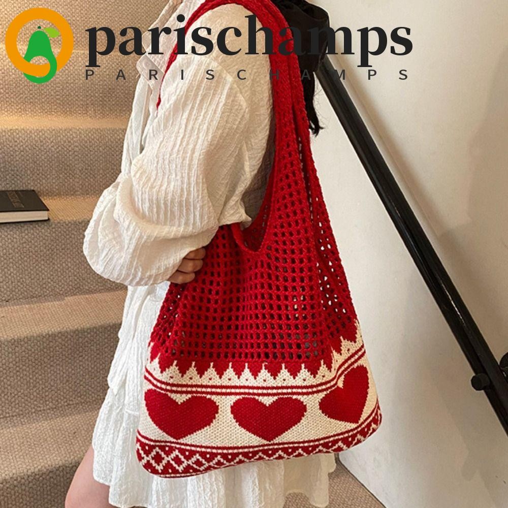 PARISCHAMPS กระเป๋าโครเชต์, Boho Handmade ถัก Tote Bag, Elegant Leisure Hollow ความจุขนาดใหญ่กระเป๋าสะพายสานกระเป๋าถือชายหาด