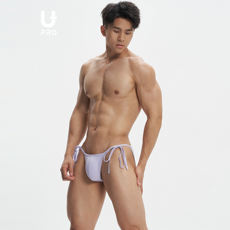 UPRO | บิกินี่ผู้ชาย Lace-Up Bow เกลียวกางเกงสีม่วงสีทึบ ผู้ชายชุดชั้นในเซ็กซี่ว์ปรับถอดกางเกงผู้ชาย