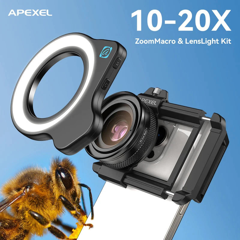 APEXEL 10-20X ซูมเลนส์มาโคร HD Micro เลนส์กล้องโทรศัพท์ LED เติมแสงสําหรับสมาร์ทโฟน Samsung ทุกรุ่นขนตามาโคร