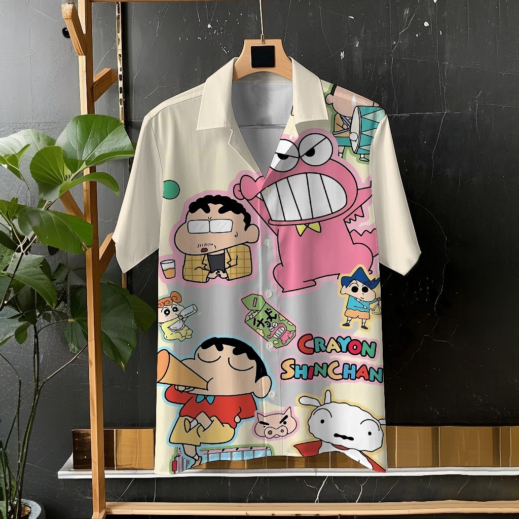 Crayon Shin-chan และ Xiaobai น่ารักการ์ตูนพิมพ์ Unisex เสื้อแขนสั้นเสื้อลำลองทุกวันอเนกประสงค์สบายวันหยุดขนาดใหญ่ S-5XL
