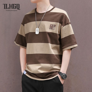 TLHGQ เสื้อยืดผู้ชายลายทางแฟชั่นลําลองหลวมฤดูร้อนอินเทรนด์ด้…