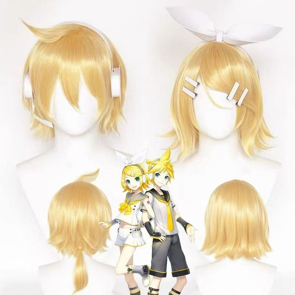อะนิเมะ Vocaloid Kagamine Rin/Kagamine Len คอสเพลย์วิกผม 30 ซม. สีเหลืองสังเคราะห์ทนความร้อน