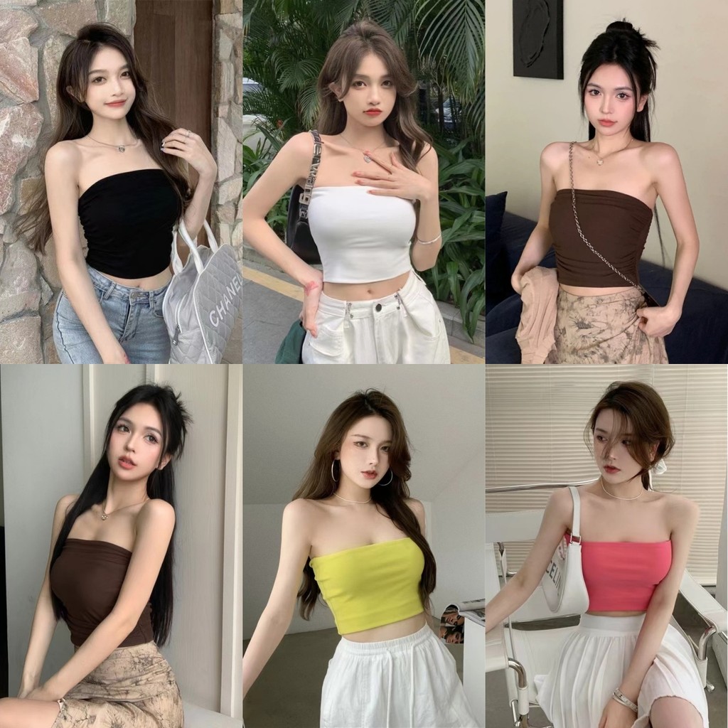 🍇Evelyn🍇เสื้อเกาะอก ผู้หญิง สีพื้น เข้ารูป ยืดพอดีตัว สไตล์ลำลอง เเฟชั่น ผ้านิ่ม ใส่สบาย หลากสี