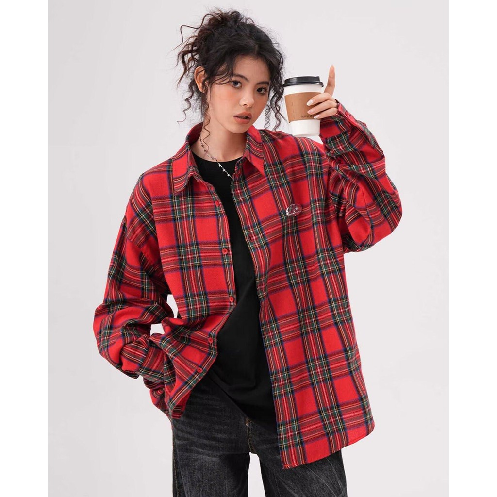 PannoFluxus ใหม่เสื้อลายสก๊อตอเมริกันย้อนยุคหลวมสบายๆแปรงออกแบบที่มีคุณภาพสูงสไตล์เป็นกลาง - รูปที่ 5