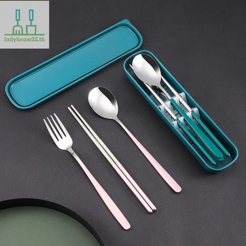 DOOULADY ชุดช้อนส้อมตะเกียบช้อน 3 In 1 สแตนเลสอาหารเย็นพร้อมกล่องบนโต๊ะอาหาร Flatware ชุด Travel Camping Flatware TH