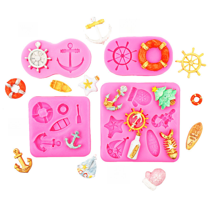 หางเสือ Anchor แม่พิมพ์ซิลิโคน Lifebuoy Sailing เรือ Hook Fondant แม่พิมพ์สําหรับตกแต่งเค้ก Sugar Craft Cupcake Topper ช็อกโกแลต Candy Polymer Clay Gum Paste