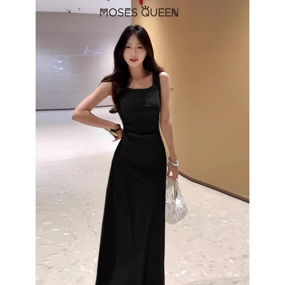 MosesQueen ชุดเดรสแขวนคอเหลี่ยมเฉพาะสีเทา 2025 ฤดูร้อนใหม่ชุดเดรสอารมณ์เอวฝรั่งเศสสไตล์สาวเซ็กซี่ #63087