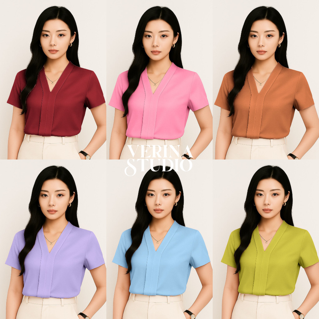 B010 เสื้อแขนสั้นใส่ทำงาน คอวี แขนสั้นขอบคู่ น่ารัก ใส่สูททับได้ M-XL ใส่เที่ยวใส่ออกงาน