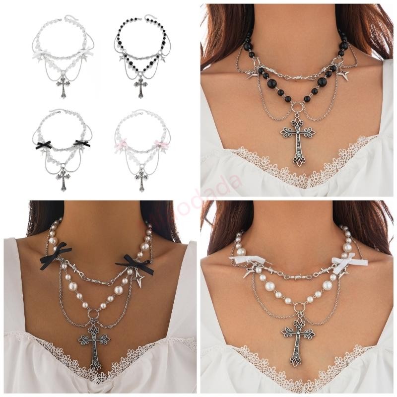 MDD Punk Crosses Tassels Pearls Bowknot สร้อยคอแฟชั่นเครื่องประดับคอสําหรับผู้หญิง